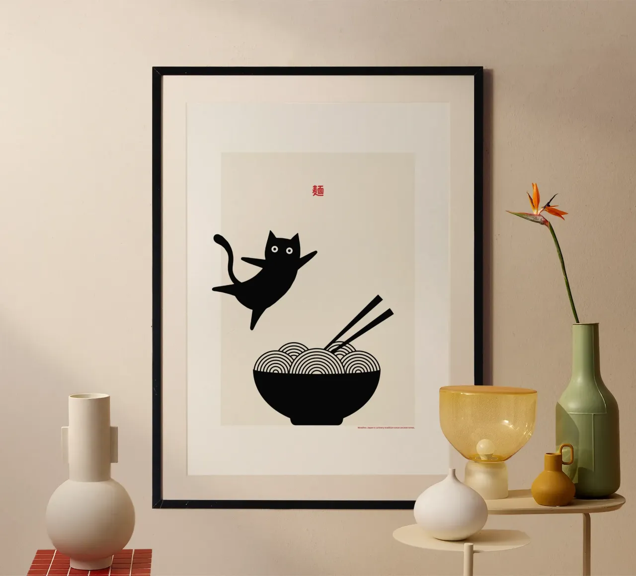Gatto e tagliatelle poster con telaio in plastica da PurePeachStudio