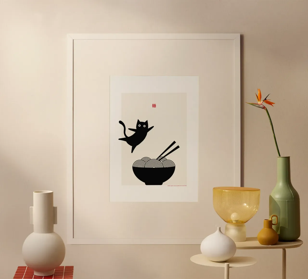 Gatto e tagliatelle poster con telaio in plastica da PurePeachStudio