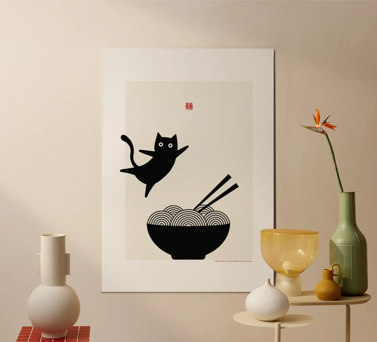 Gatto e tagliatelle poster con telaio in plastica da PurePeachStudio