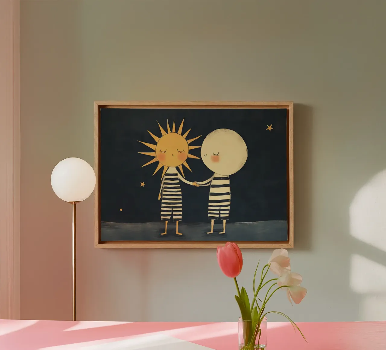 Poster illustrativo dell'amicizia tra sole e luna per bambini tela con Cornice a cassetta da vintagepod