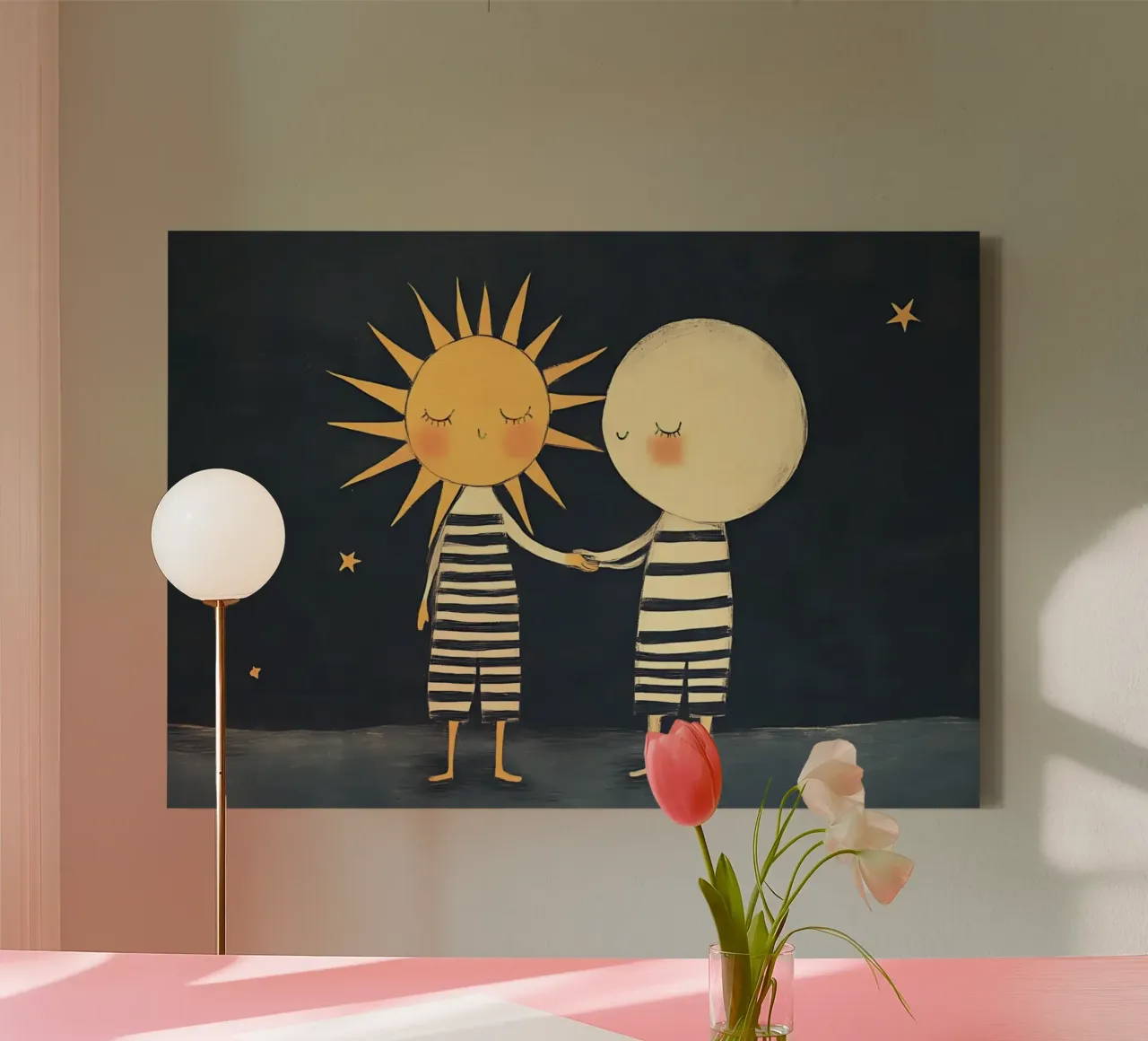 Poster illustrativo dell'amicizia tra sole e luna per bambini tela con Cornice a cassetta da vintagepod