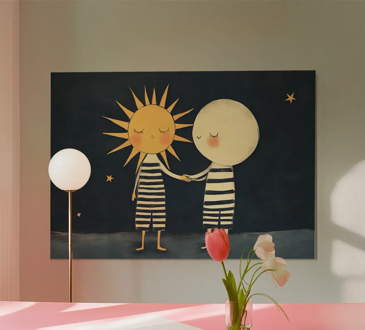 Poster illustrativo dell'amicizia tra sole e luna per bambini poster da vintagepod
