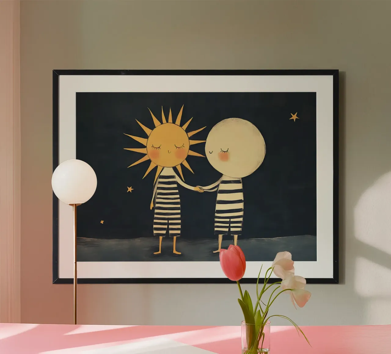 Poster illustrativo dell'amicizia tra sole e luna per bambini poster da vintagepod