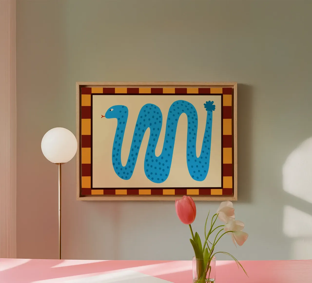 Niedliche blaue Schlange abstraktes Muster Poster Leinwand mit Schattenfugenrahmen von vintagepod
