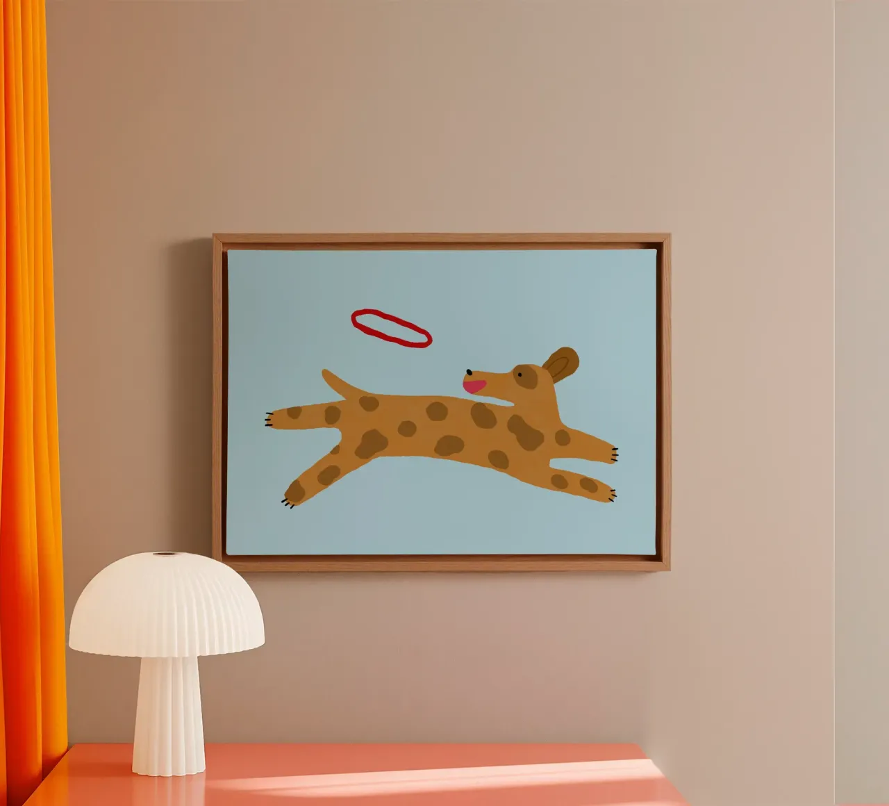 Niedlicher Hund, der eine Frisbee fängt Minimalistische Kunst Leinwand mit Schattenfugenrahmen von vintagepod