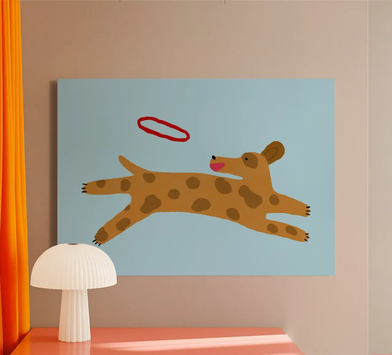 Niedlicher Hund, der eine Frisbee fängt Minimalistische Kunst Leinwand mit Schattenfugenrahmen von vintagepod