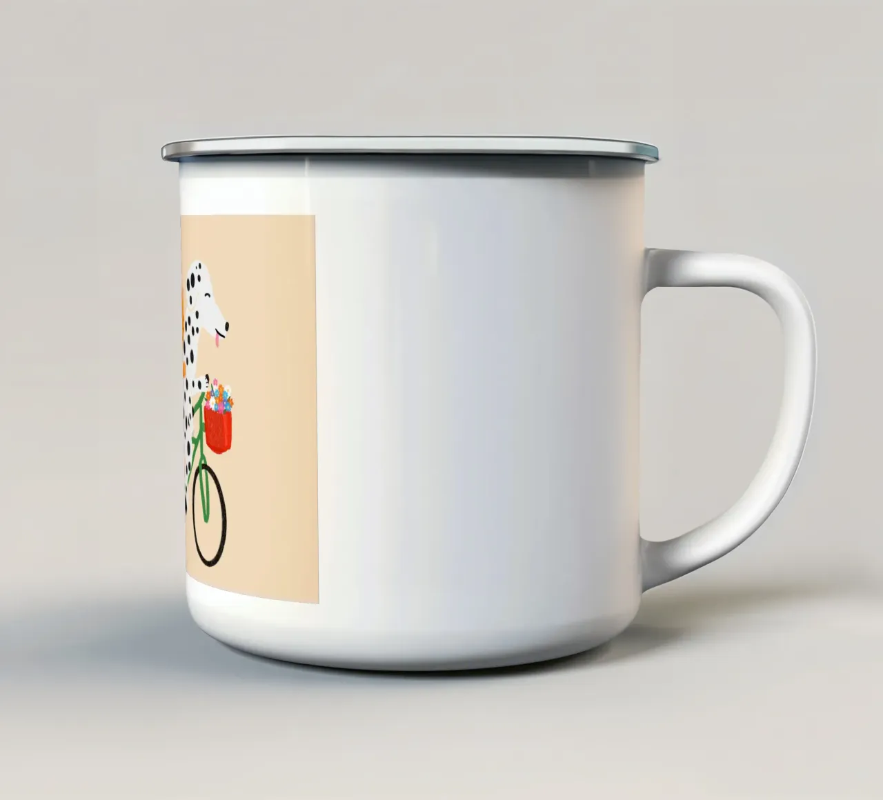 Poster sull'amicizia tra cane e gatto in bicicletta tazza in smalto da vintagepod