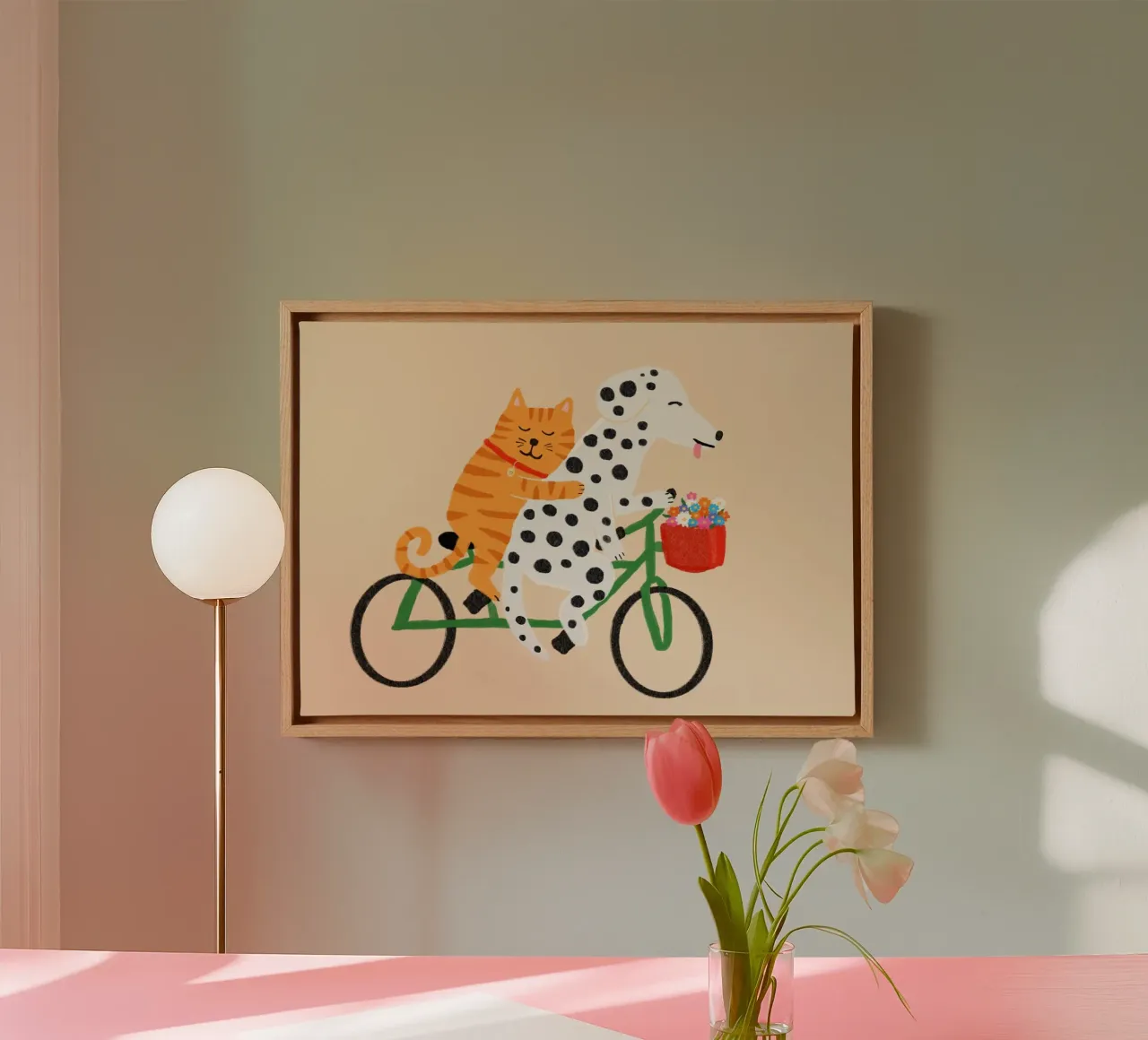 Poster sull'amicizia tra cane e gatto in bicicletta tela con Cornice a cassetta da vintagepod