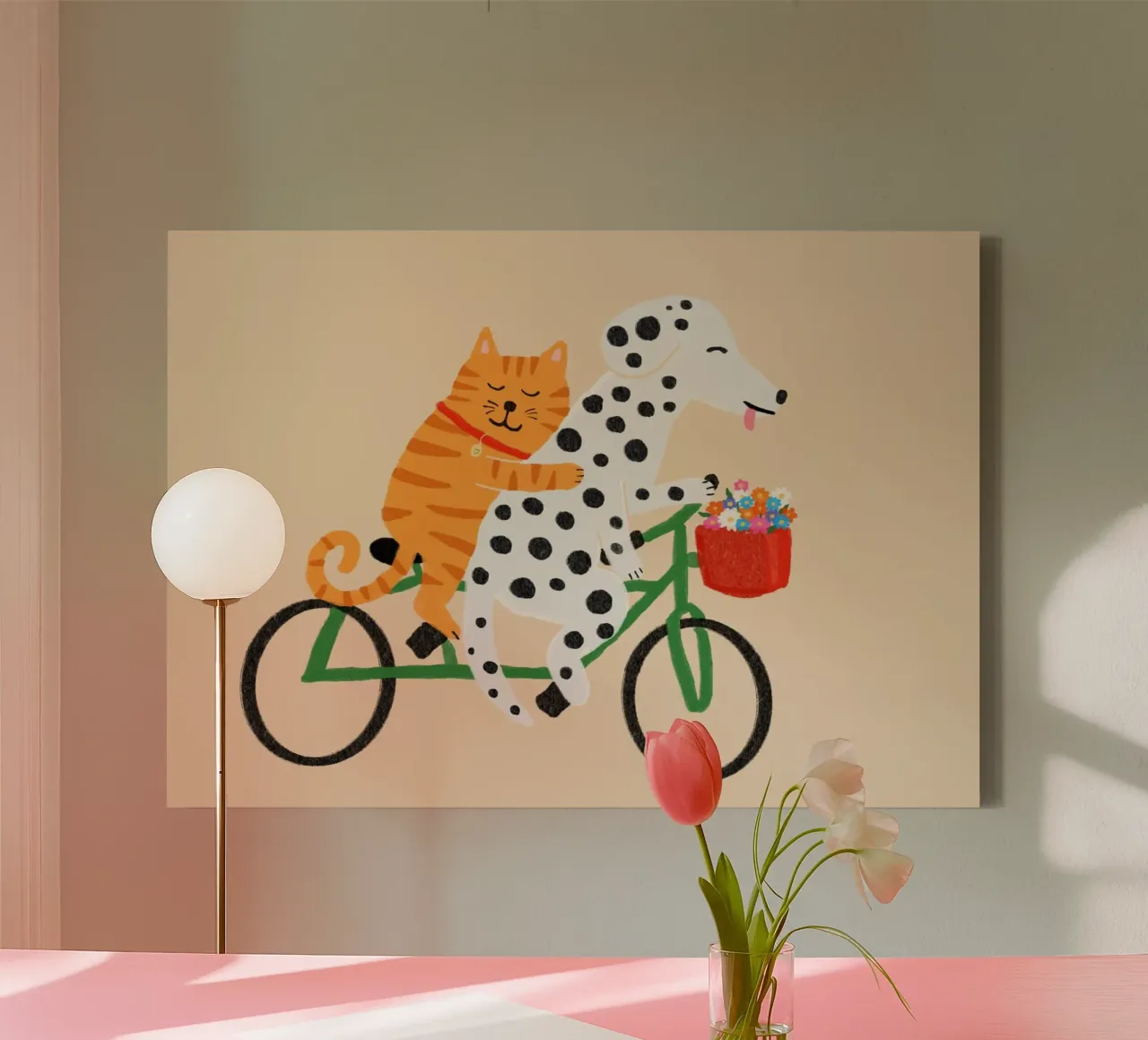 Poster sull'amicizia tra cane e gatto in bicicletta tela con Cornice a cassetta da vintagepod
