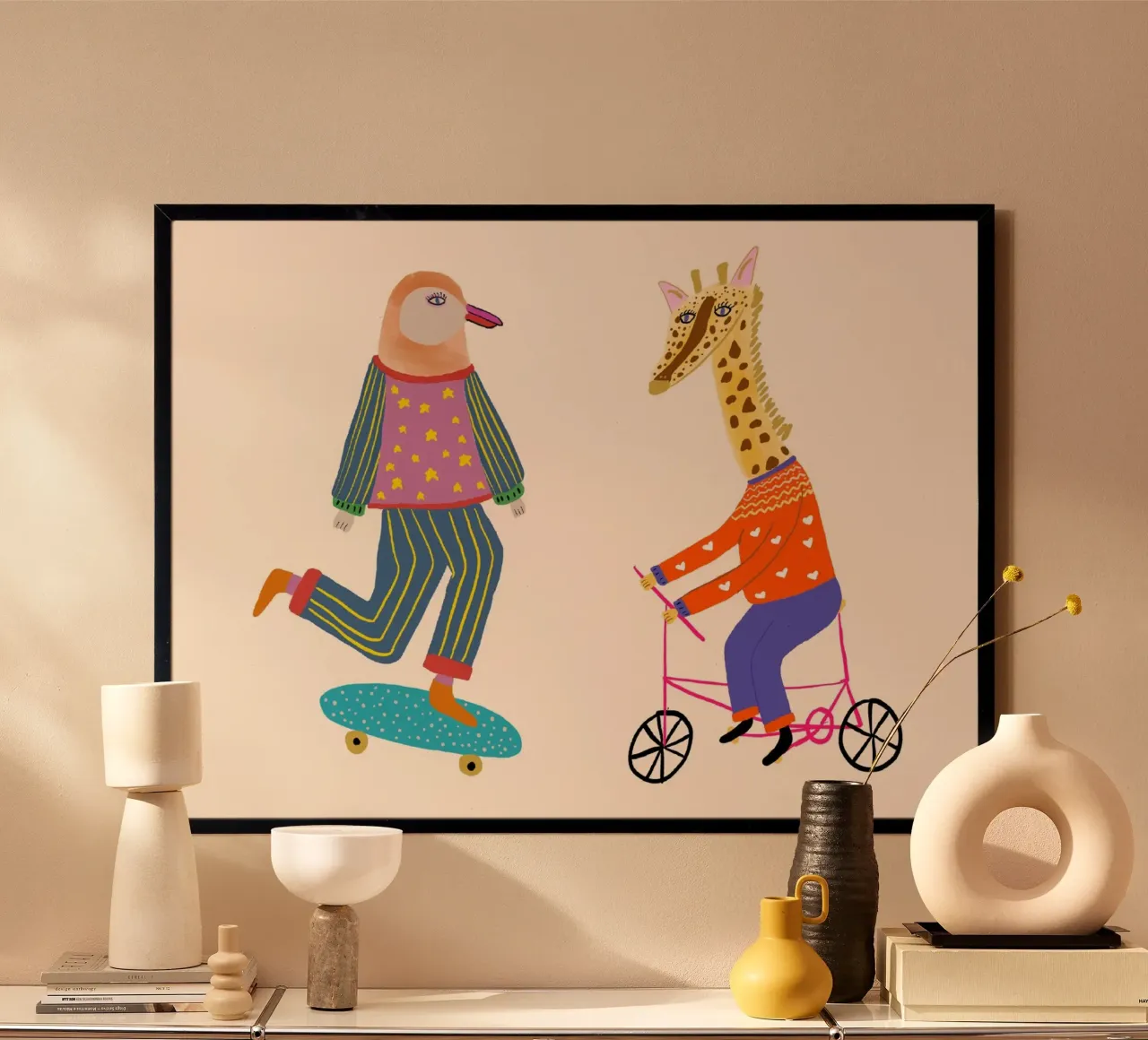 Pinguino e giraffa in bici sullo skateboard poster da vintagepod