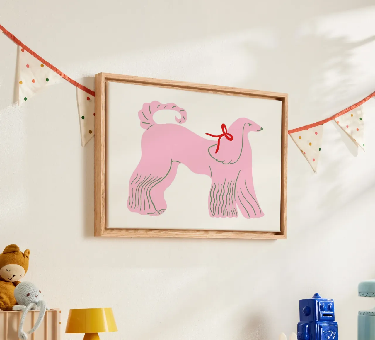 Poster con fiocco rosso e mastino afgano rosa tela con Cornice a cassetta da vintagepod