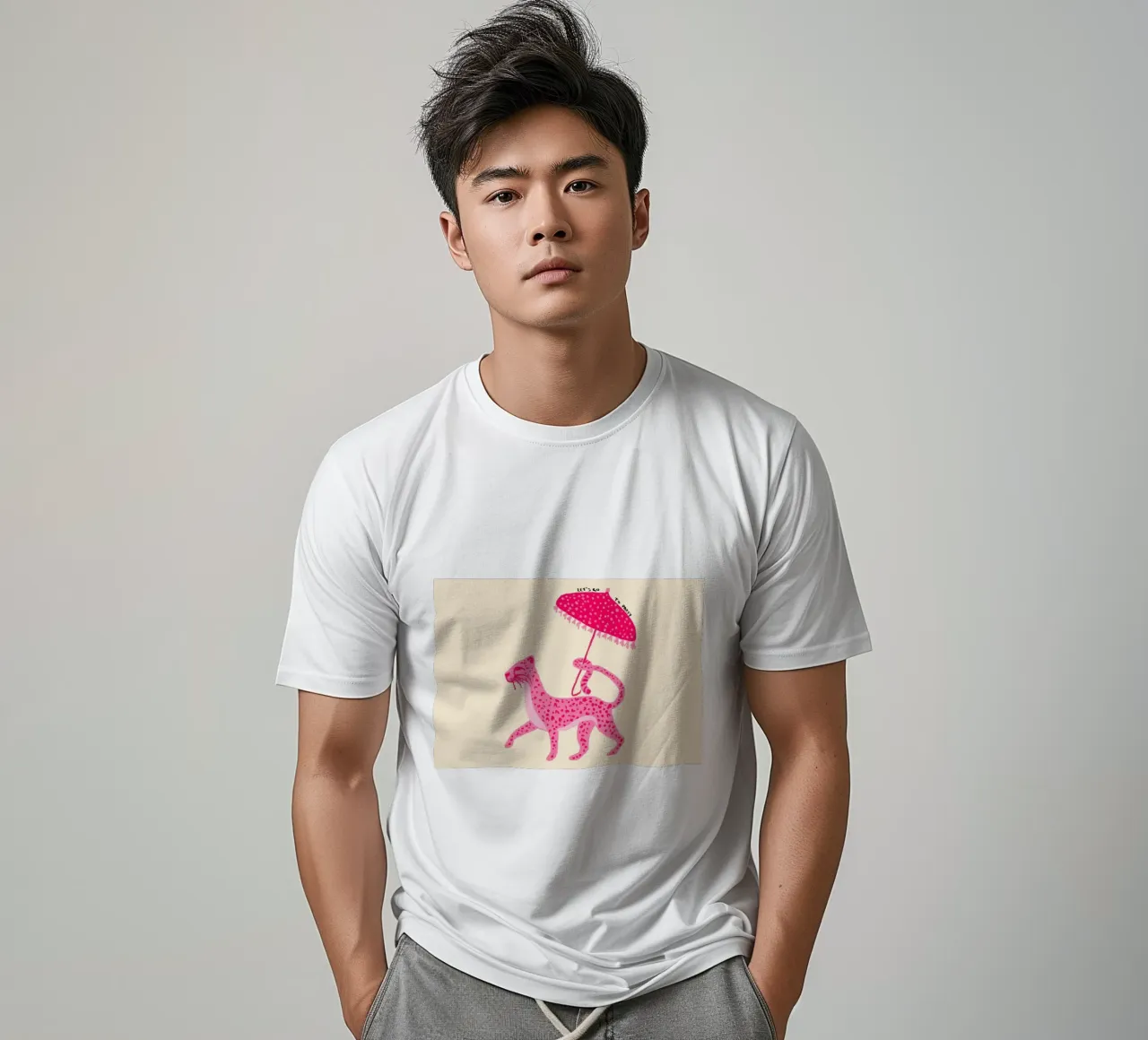 Leopardo rosa con ombrello 'Let's Go Party' Art t-shirt da vintagepod