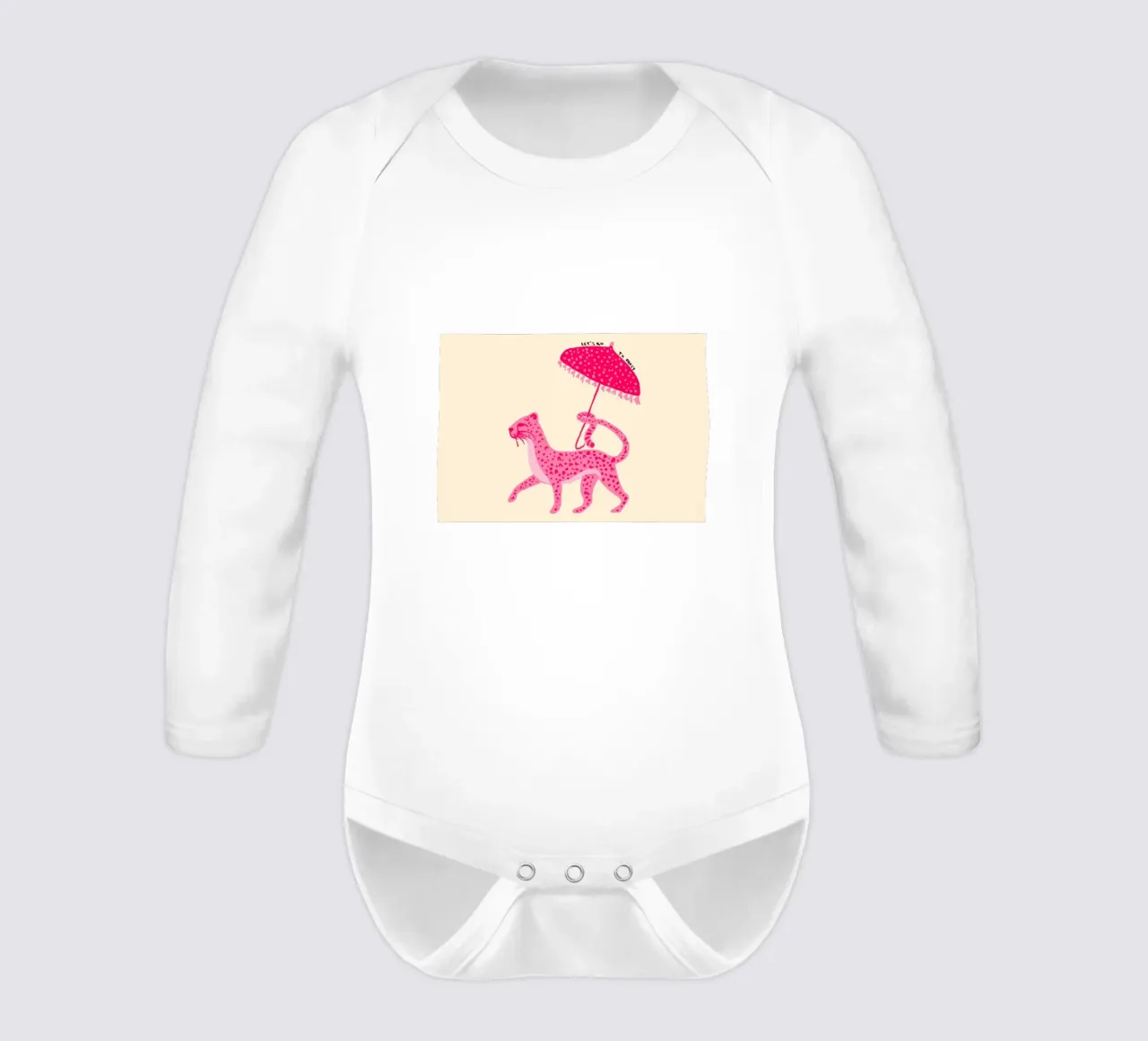 Leopardo rosa con ombrello 'Let's Go Party' Art body neonato maniche lunghe da vintagepod