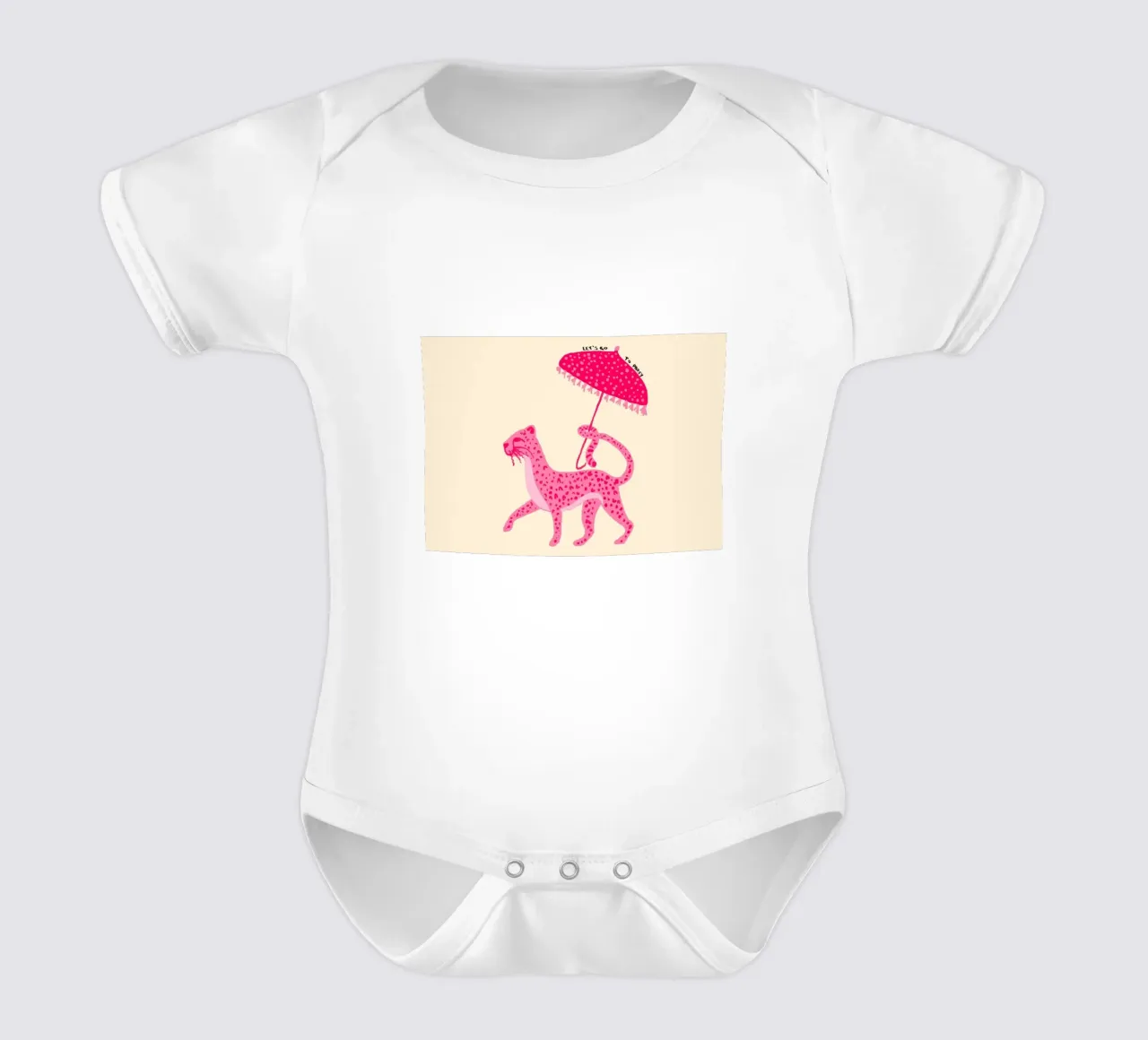 Rosa Leopard mit Regenschirm 'Let's Go Party' Kunst Kurzarm Babybody von vintagepod