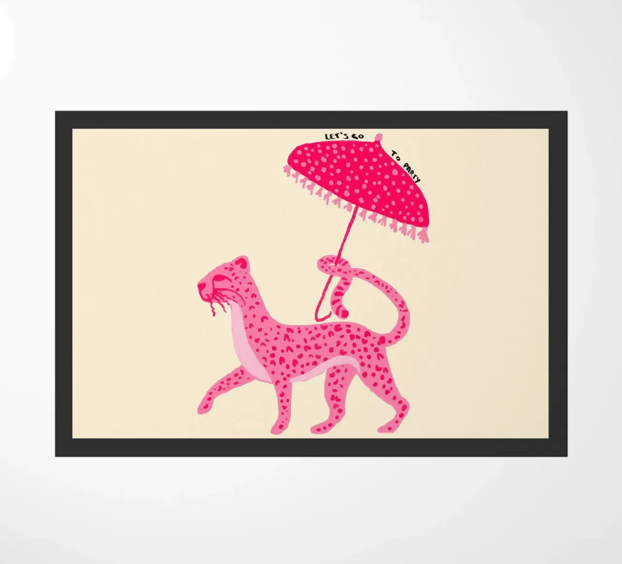Pink Leopard with Umbrella 'Let's Go Party' Art doormat by vintagepod