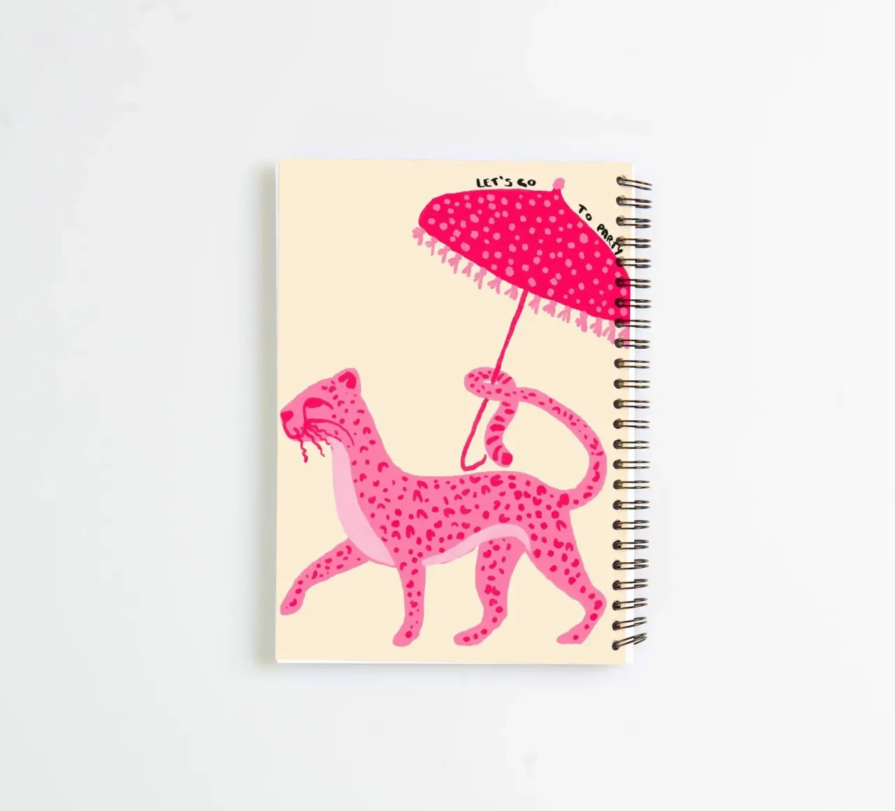 Pink Leopard with Umbrella 'Let's Go Party' Art spiral notebook by vintagepod
