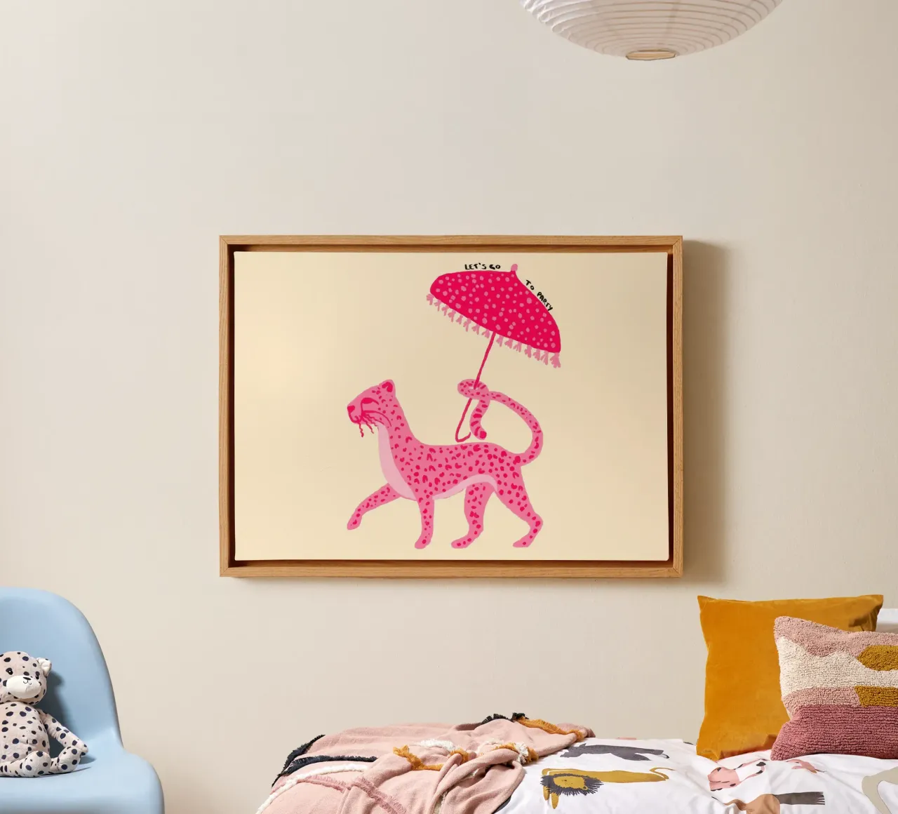 Pink Leopard with Umbrella 'Let's Go Party' Art canvas with Floater frame by vintagepod