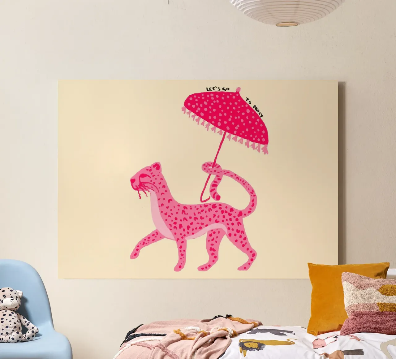 Pink Leopard with Umbrella 'Let's Go Party' Art canvas with Floater frame by vintagepod