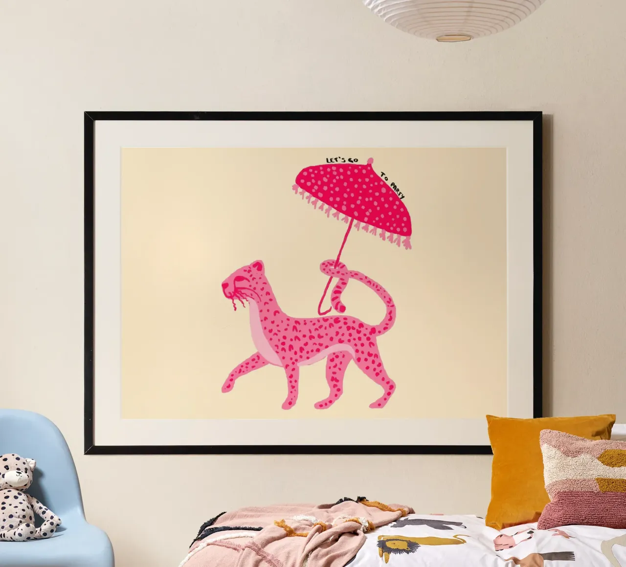 Rosa Leopard mit Regenschirm 'Let's Go Party' Kunst Poster von vintagepod