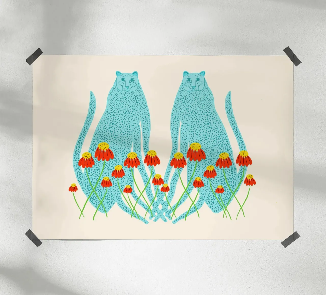 Leopardi blu e fiori rossi Arte simmetrica poster con telaio in legno da vintagepod