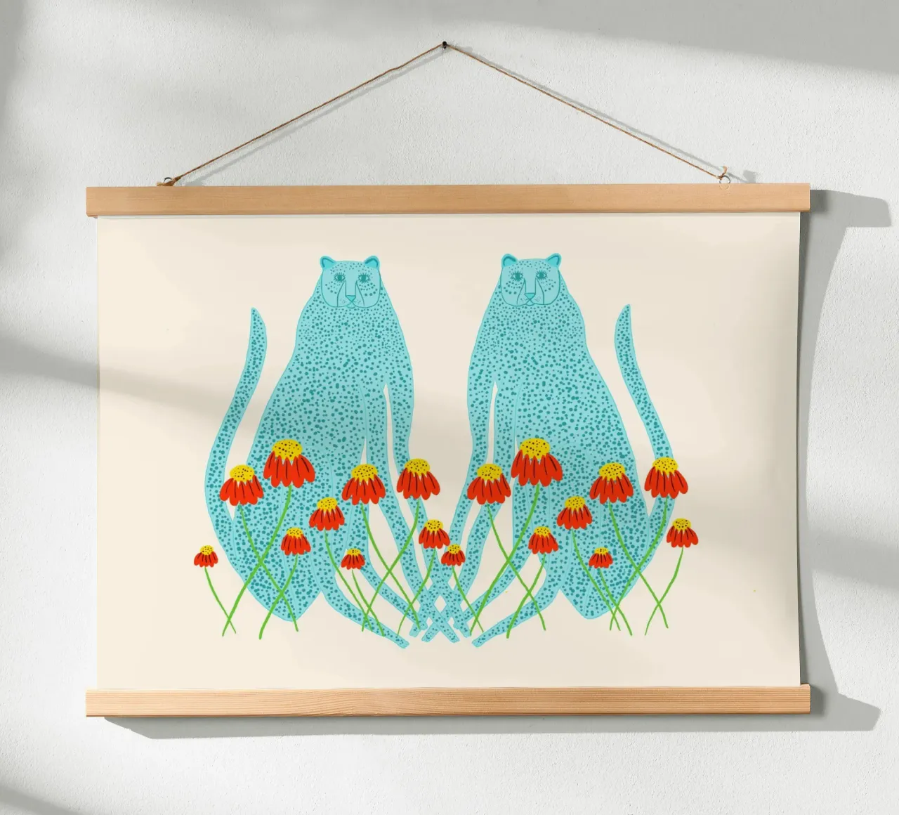 Leopardi blu e fiori rossi Arte simmetrica poster con telaio in legno da vintagepod