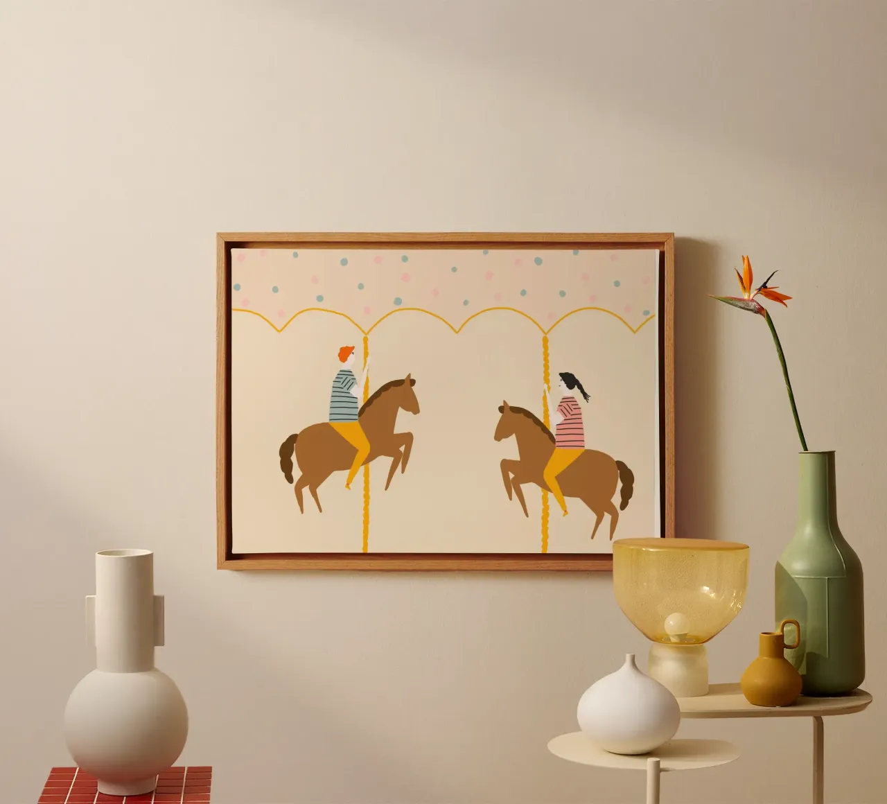Couple on Carousel Horses Minimalist Art canvas with Floater frame by vintagepod