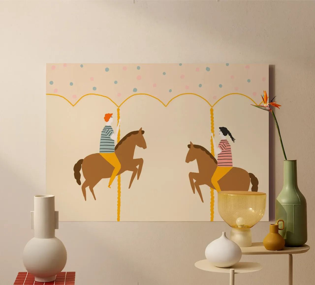 Couple on Carousel Horses Minimalist Art canvas with Floater frame by vintagepod