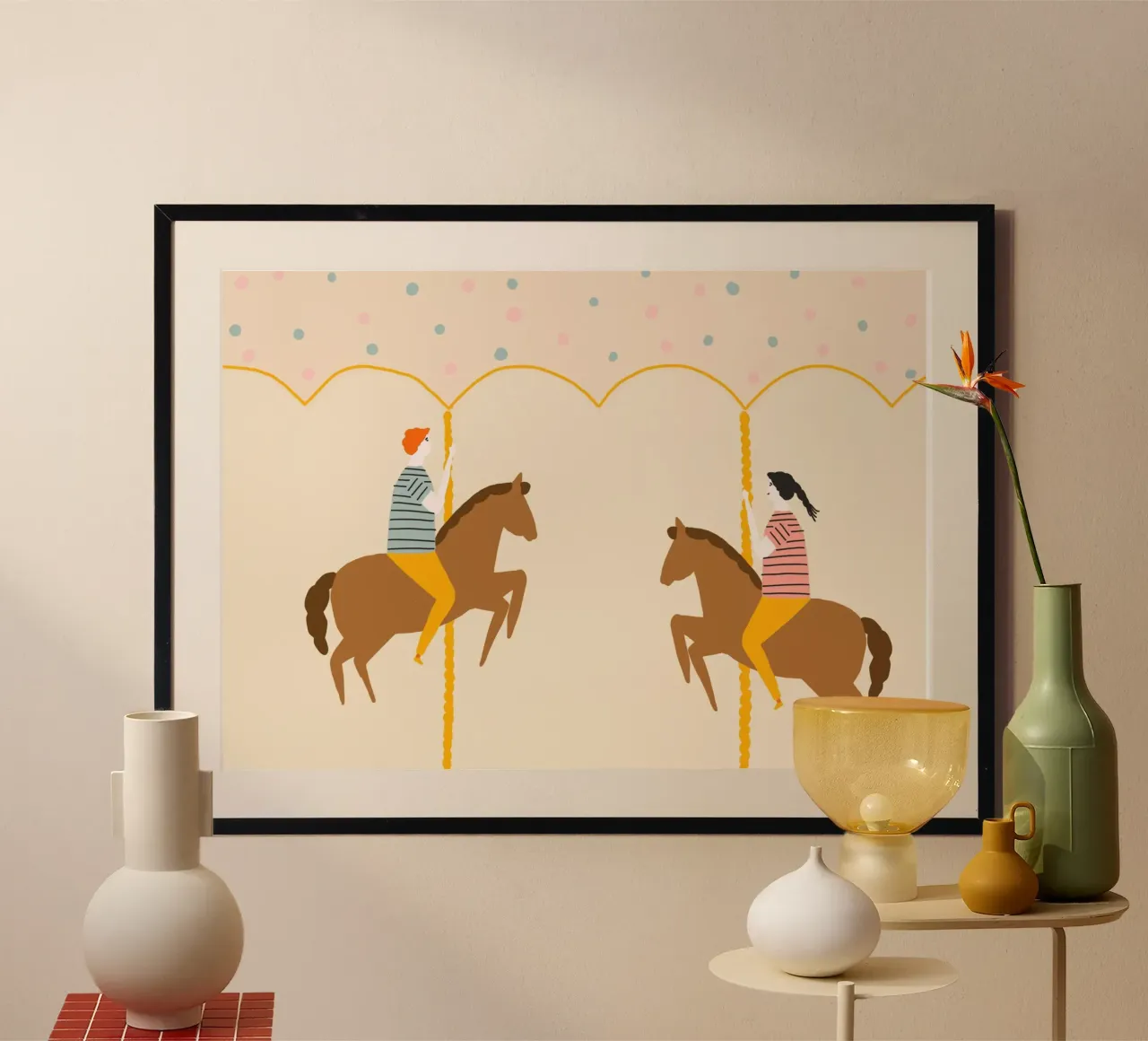 Coppia su carosello di cavalli Arte minimalista poster da vintagepod