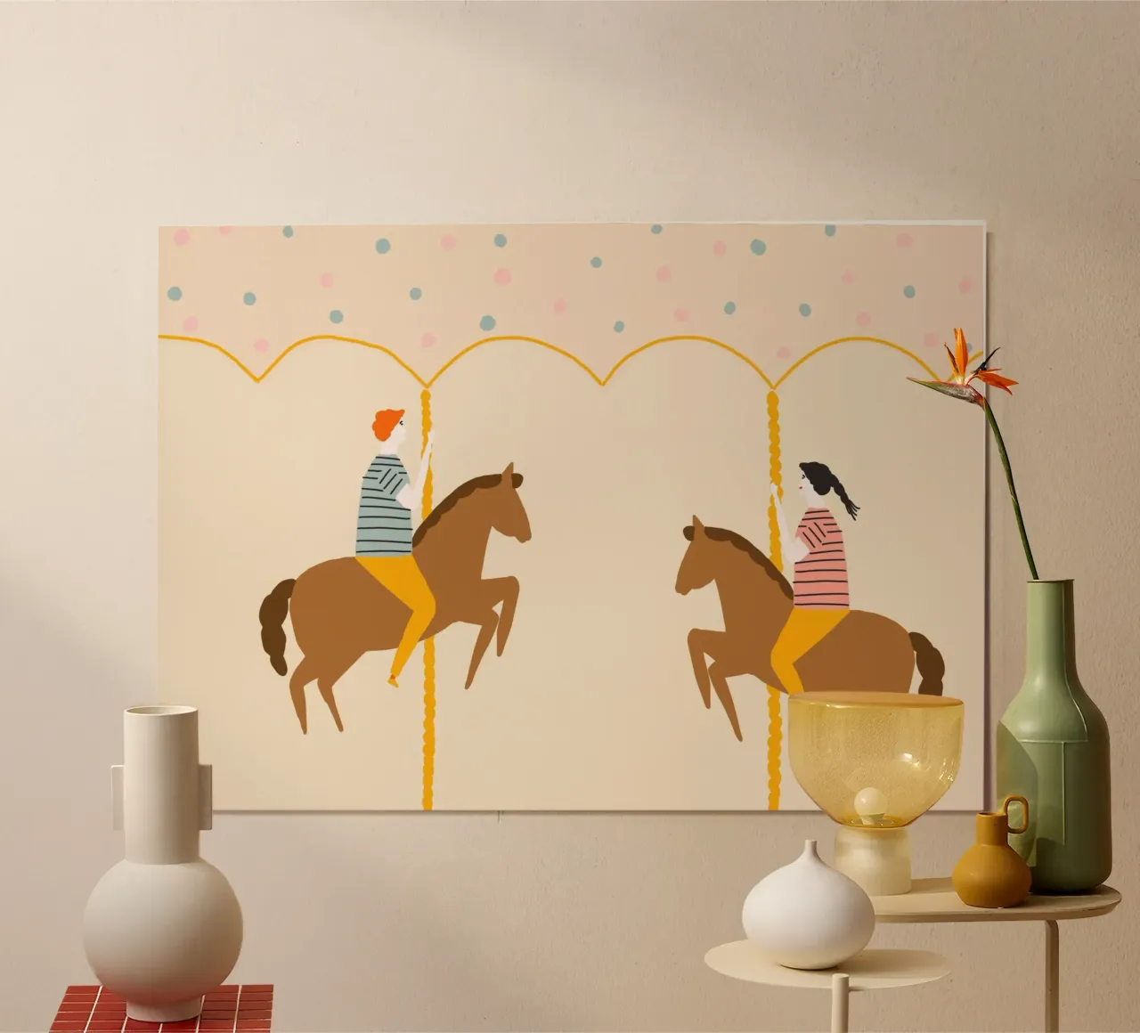 Coppia su carosello di cavalli Arte minimalista poster da vintagepod