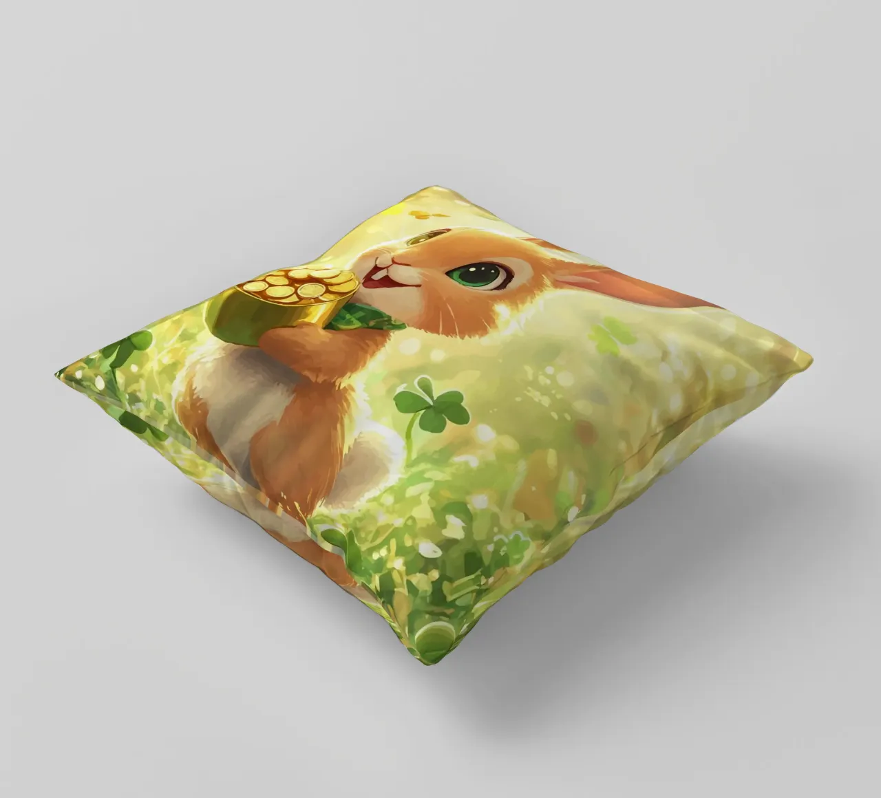 Coniglio portafortuna con oro e trifoglio cuscino da pixelbull - medieval art and more