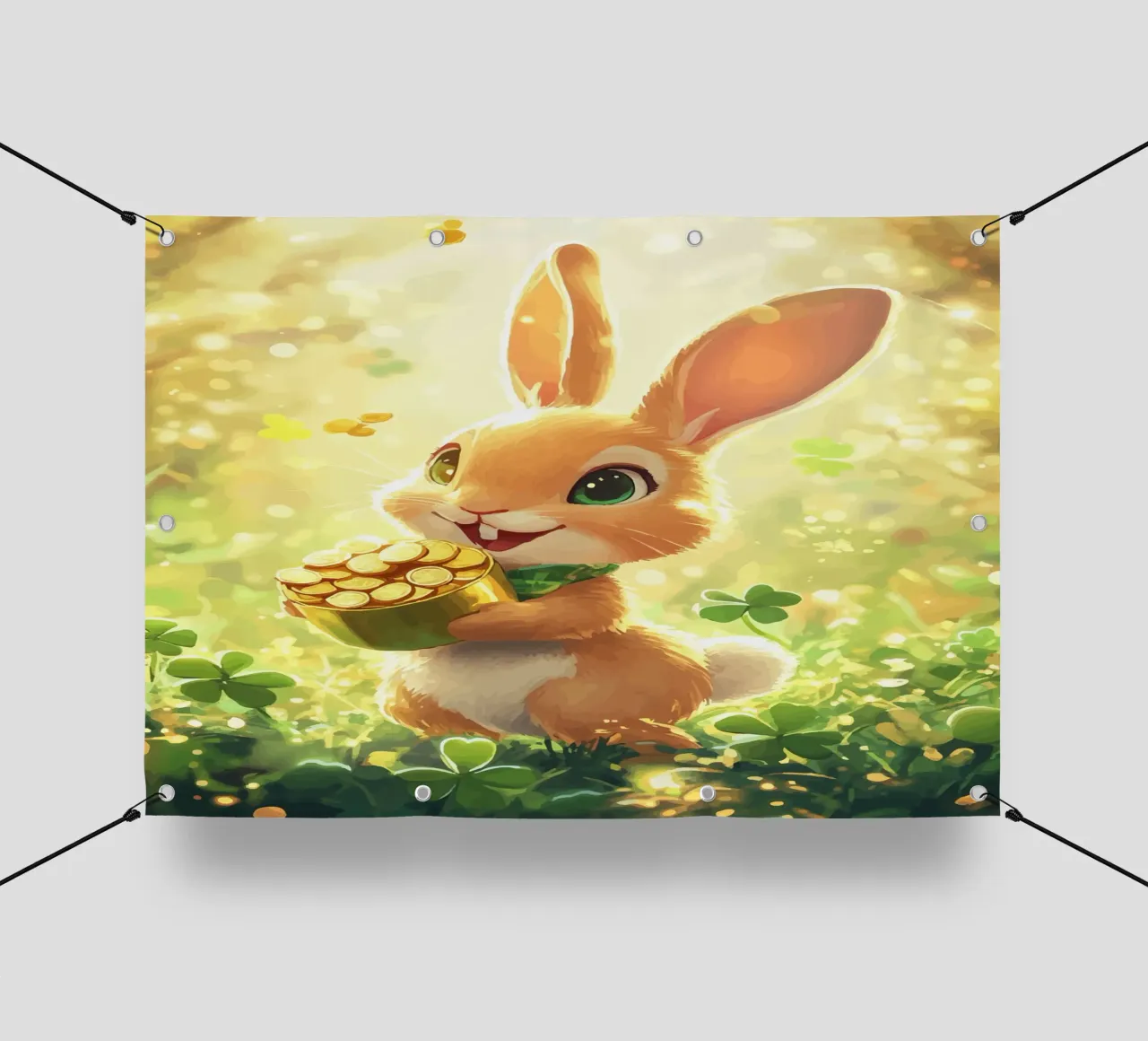 Coniglio portafortuna con oro e trifoglio telo in pvc da pixelbull - medieval art and more
