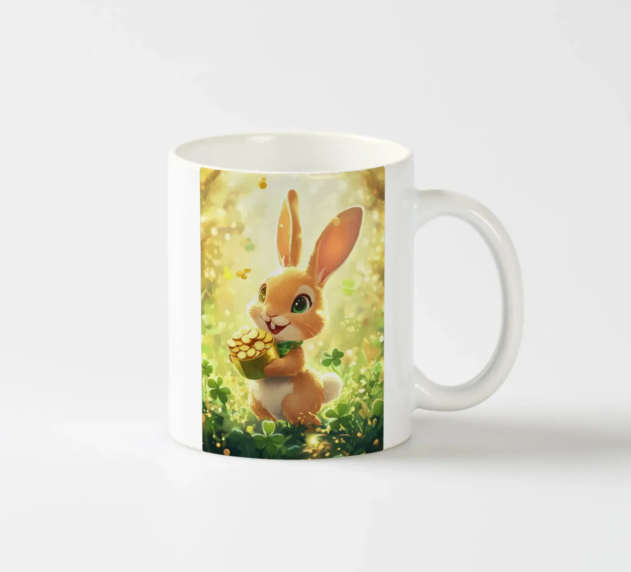 Coniglio portafortuna con oro e trifoglio tazza in ceramica da pixelbull - medieval art and more