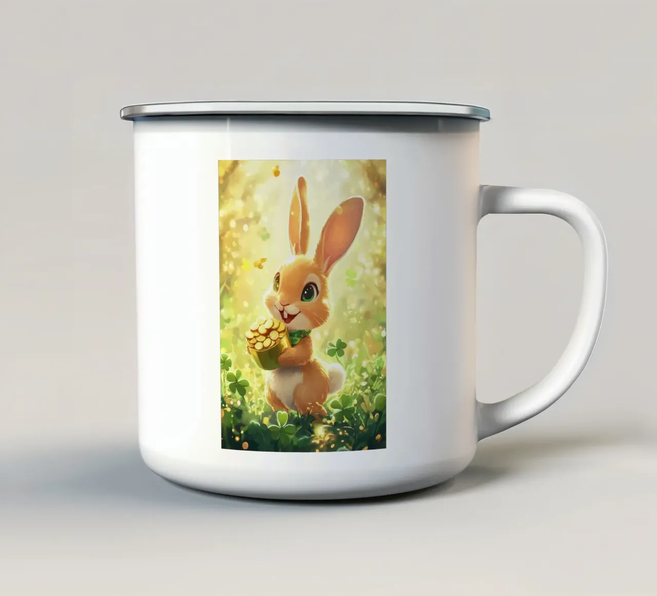 Coniglio portafortuna con oro e trifoglio tazza in smalto da pixelbull - medieval art and more