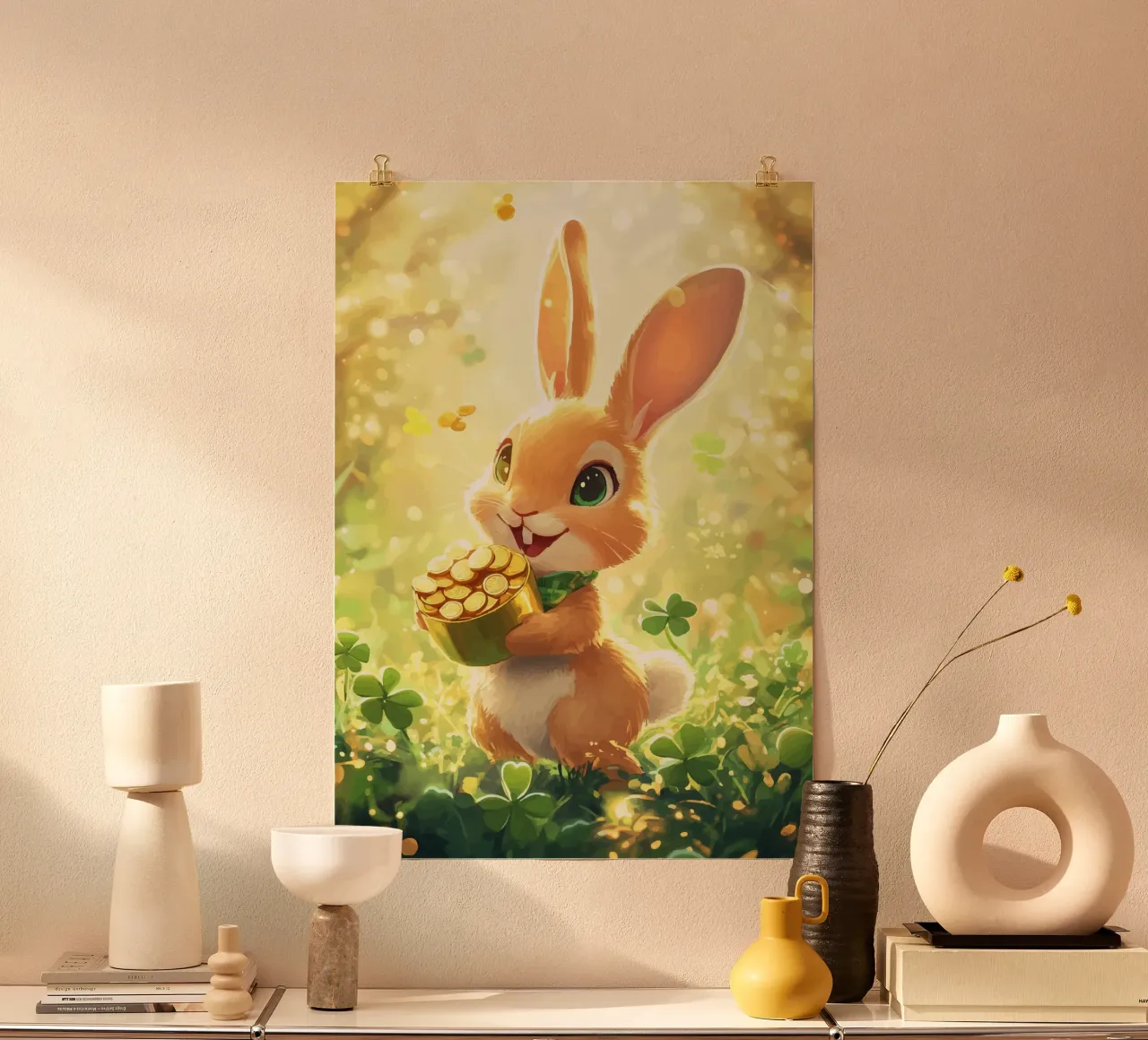 Coniglio portafortuna con oro e trifoglio poster da pixelbull - medieval art and more