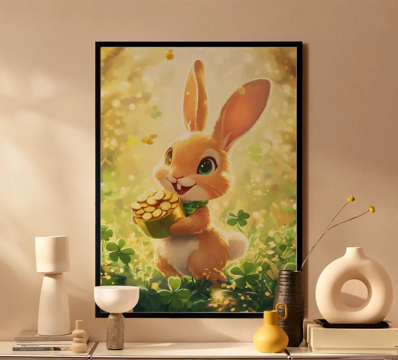 Coniglio portafortuna con oro e trifoglio poster da pixelbull - medieval art and more