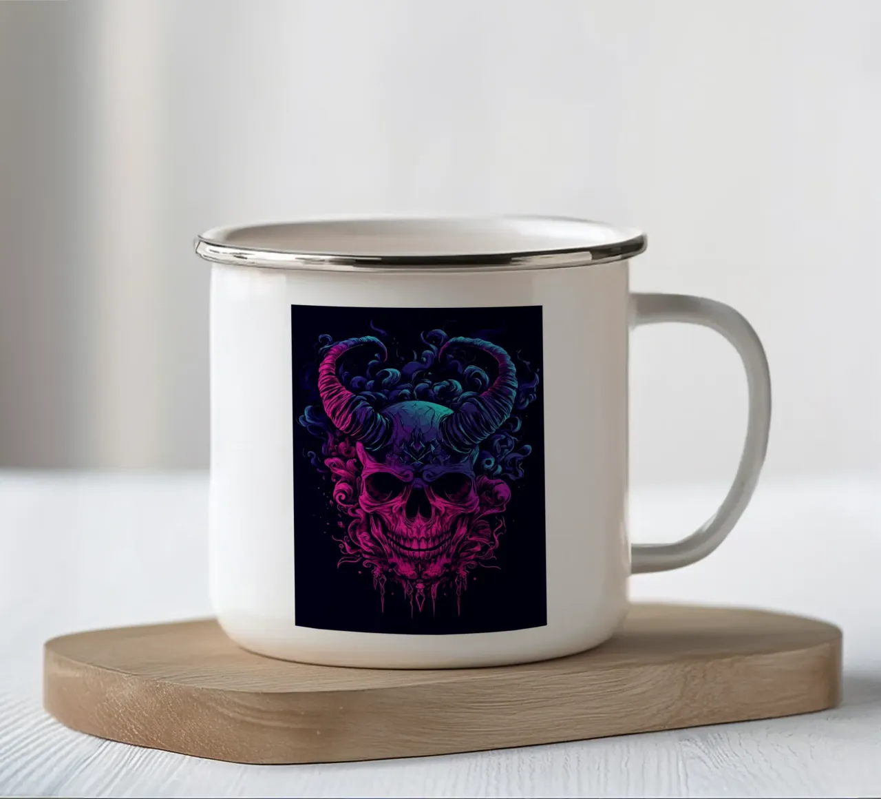 Teschio demoniaco in fiamme al neon tazza in smalto da pixelbull - medieval art and more