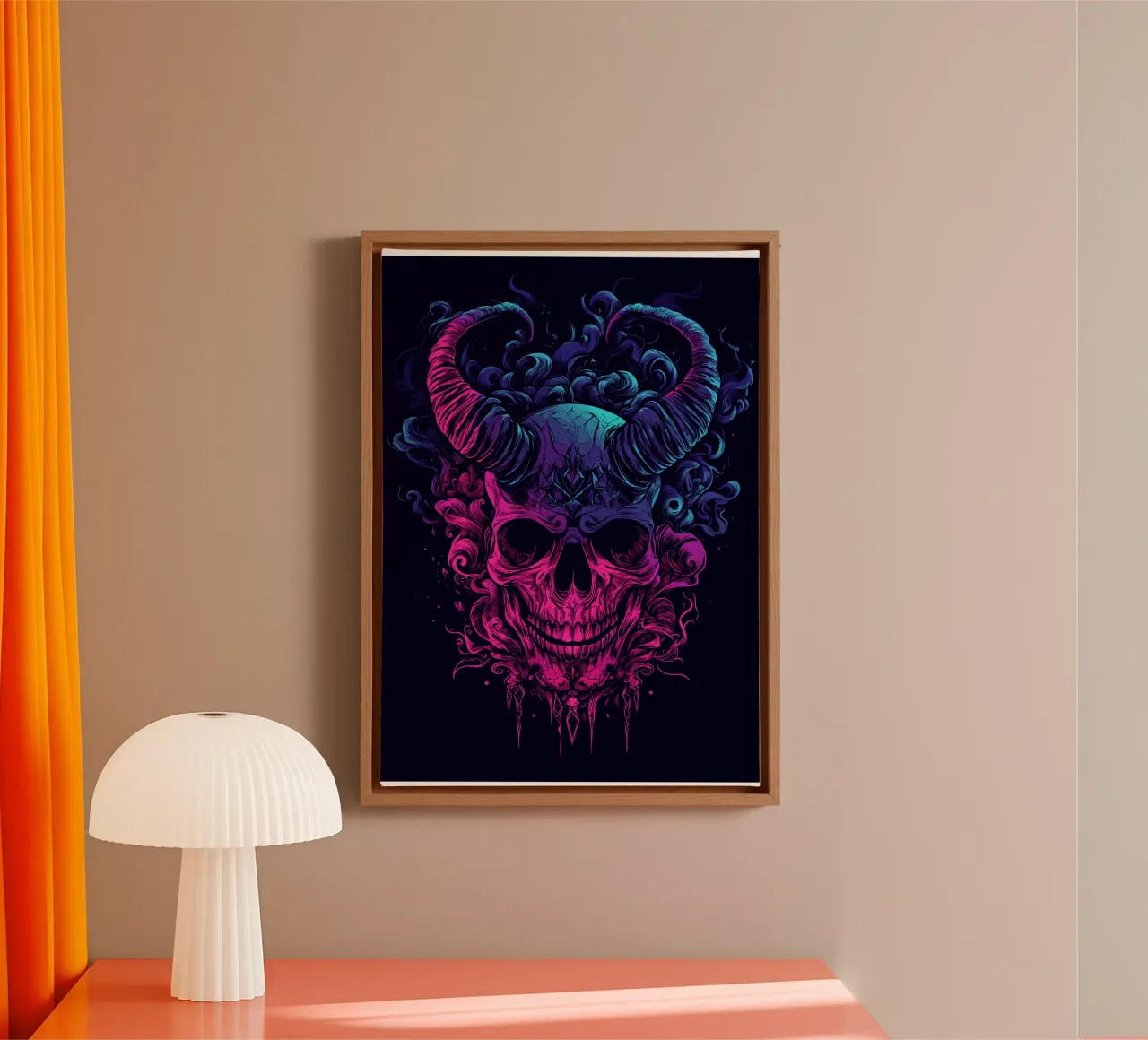 Demonische schedel in neonvlammen canvas met Baklijst van pixelbull - medieval art and more