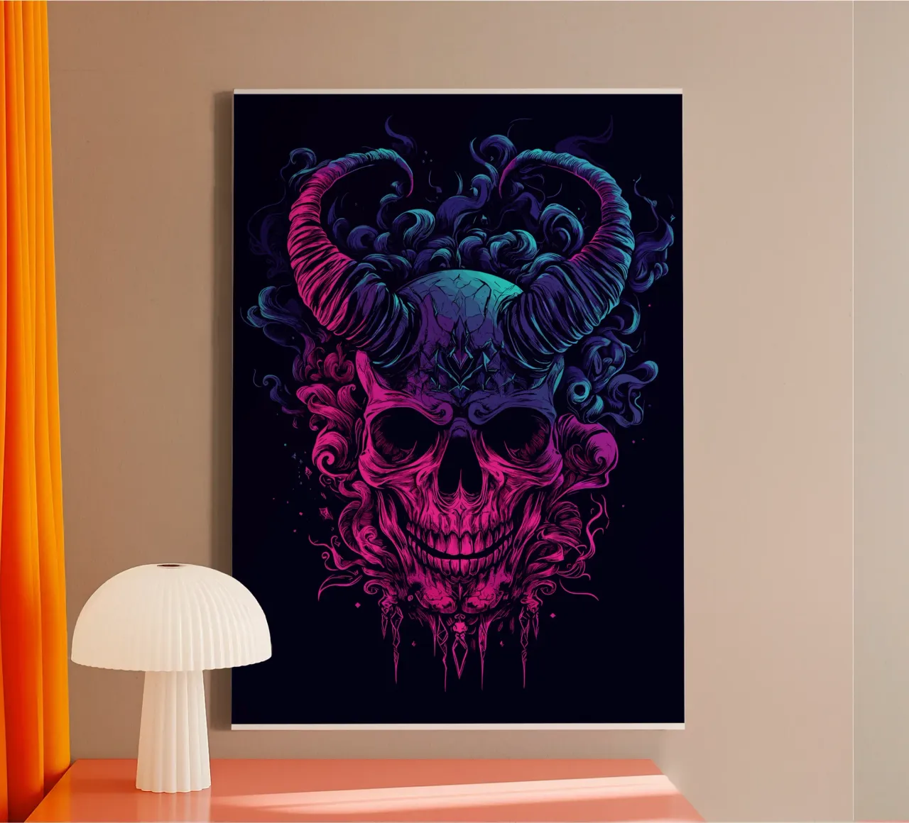 Demonische schedel in neonvlammen canvas met Baklijst van pixelbull - medieval art and more