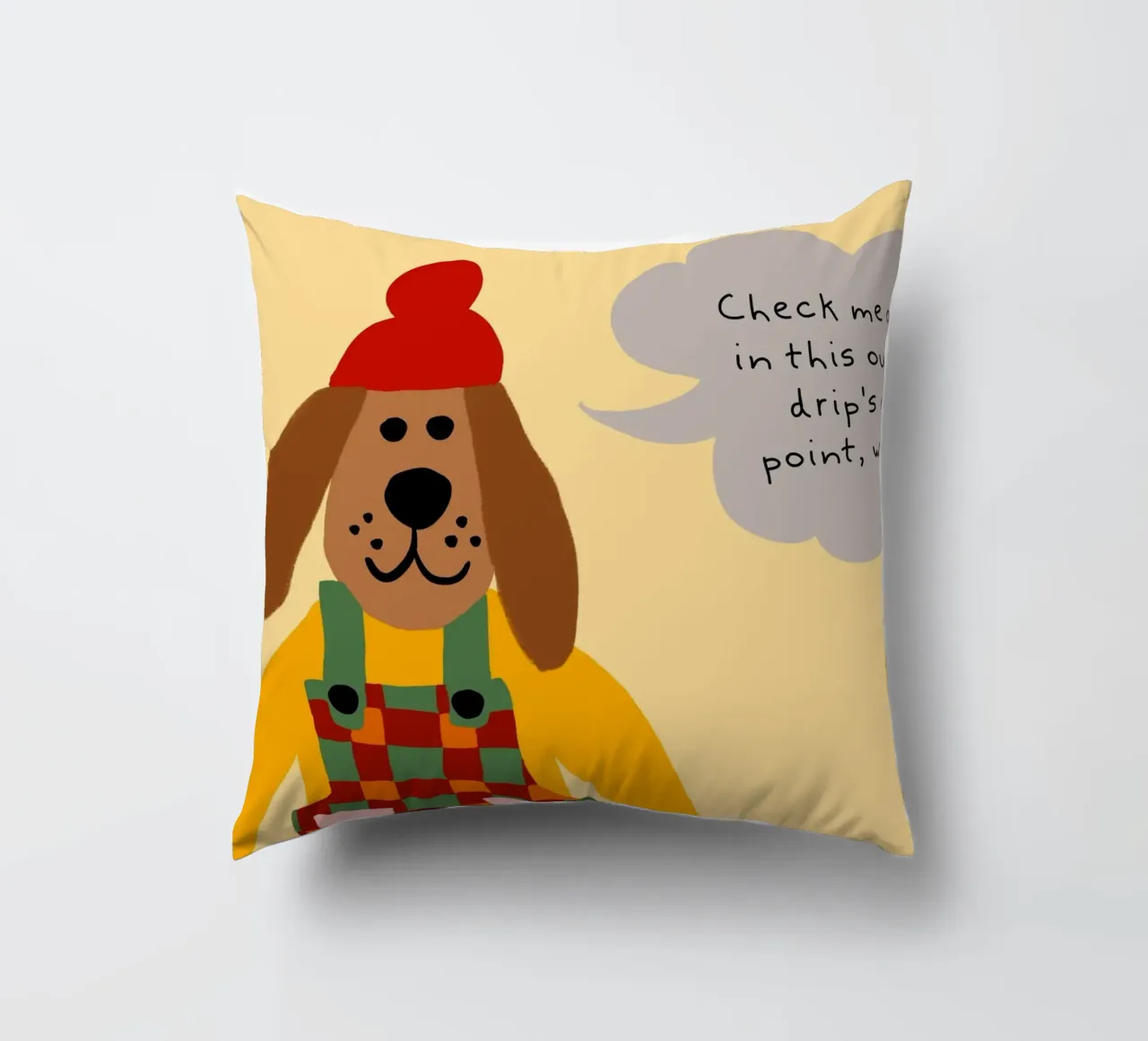 Poster del cane in salopette "Drip's on Point cuscino da vintagepod