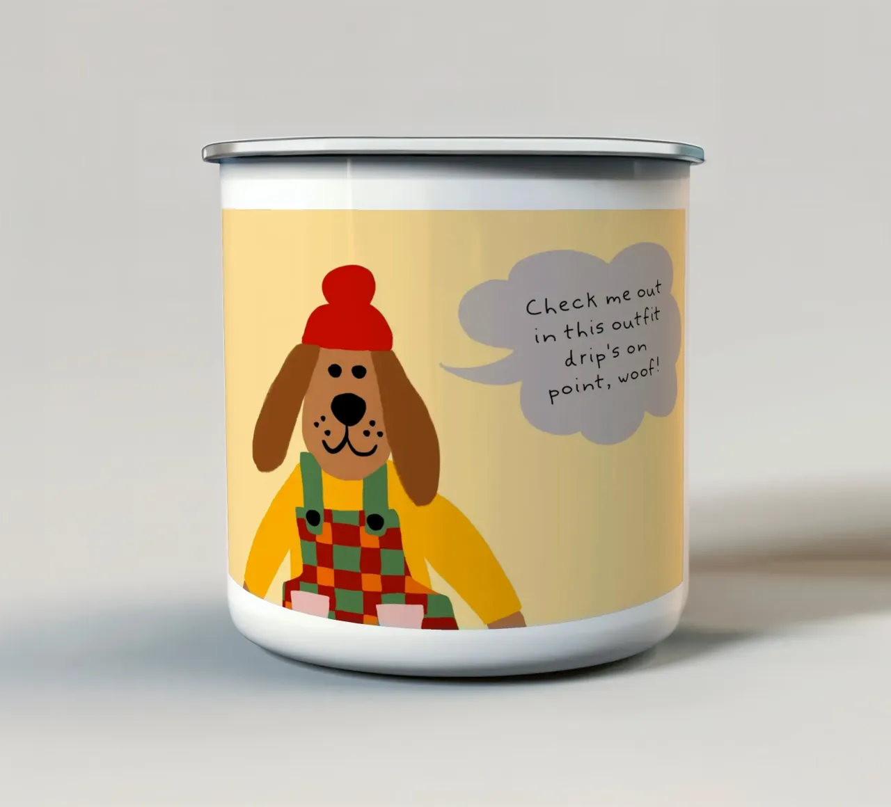 Poster del cane in salopette "Drip's on Point tazza in smalto da vintagepod