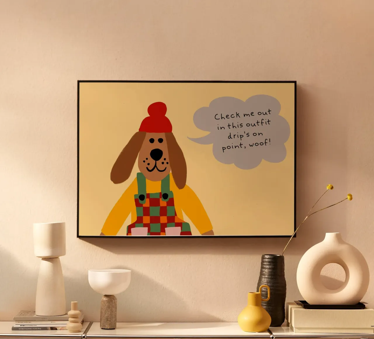 Poster del cane in salopette "Drip's on Point alluminio dibond da vintagepod