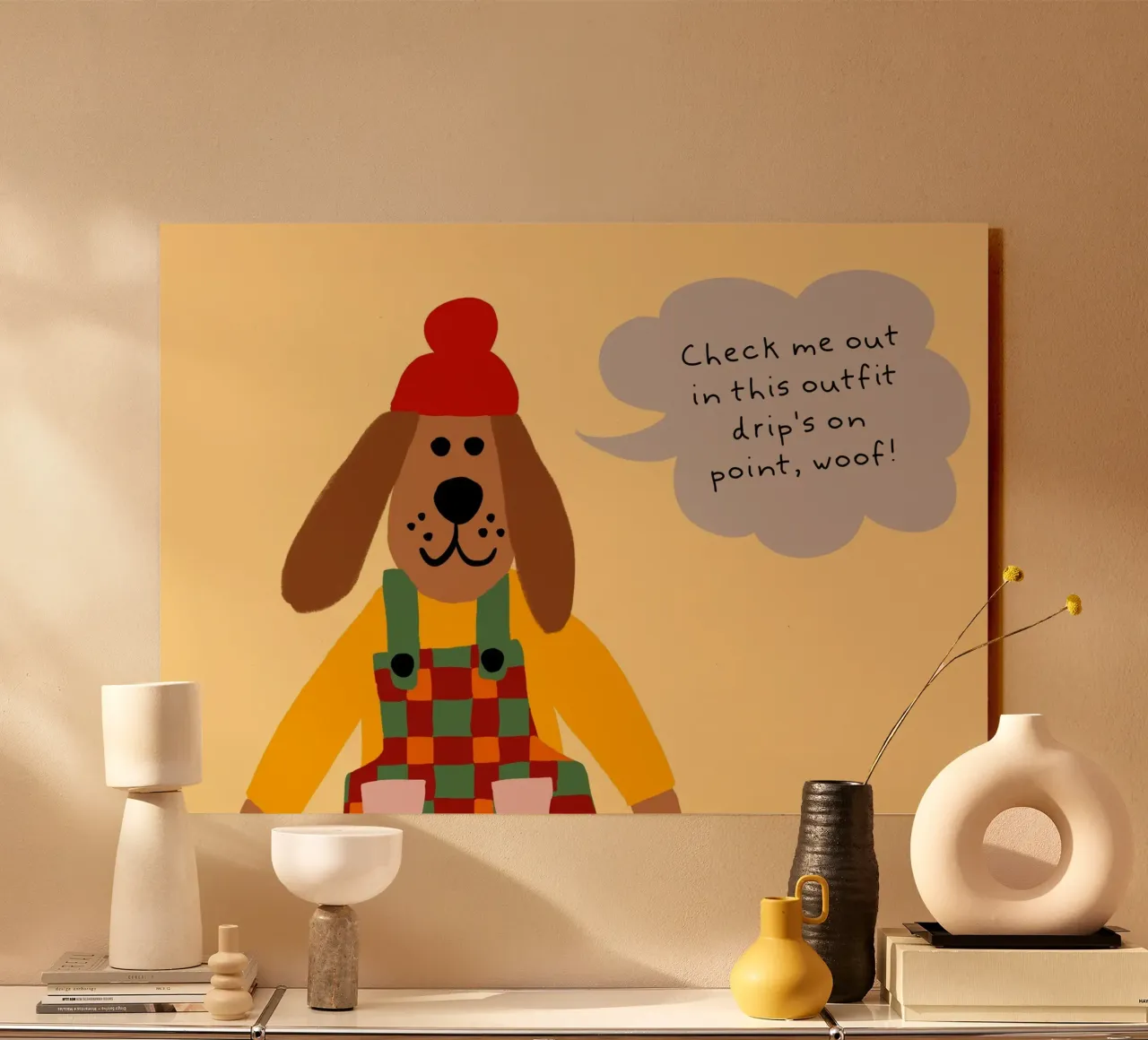 Poster del cane in salopette "Drip's on Point alluminio dibond da vintagepod