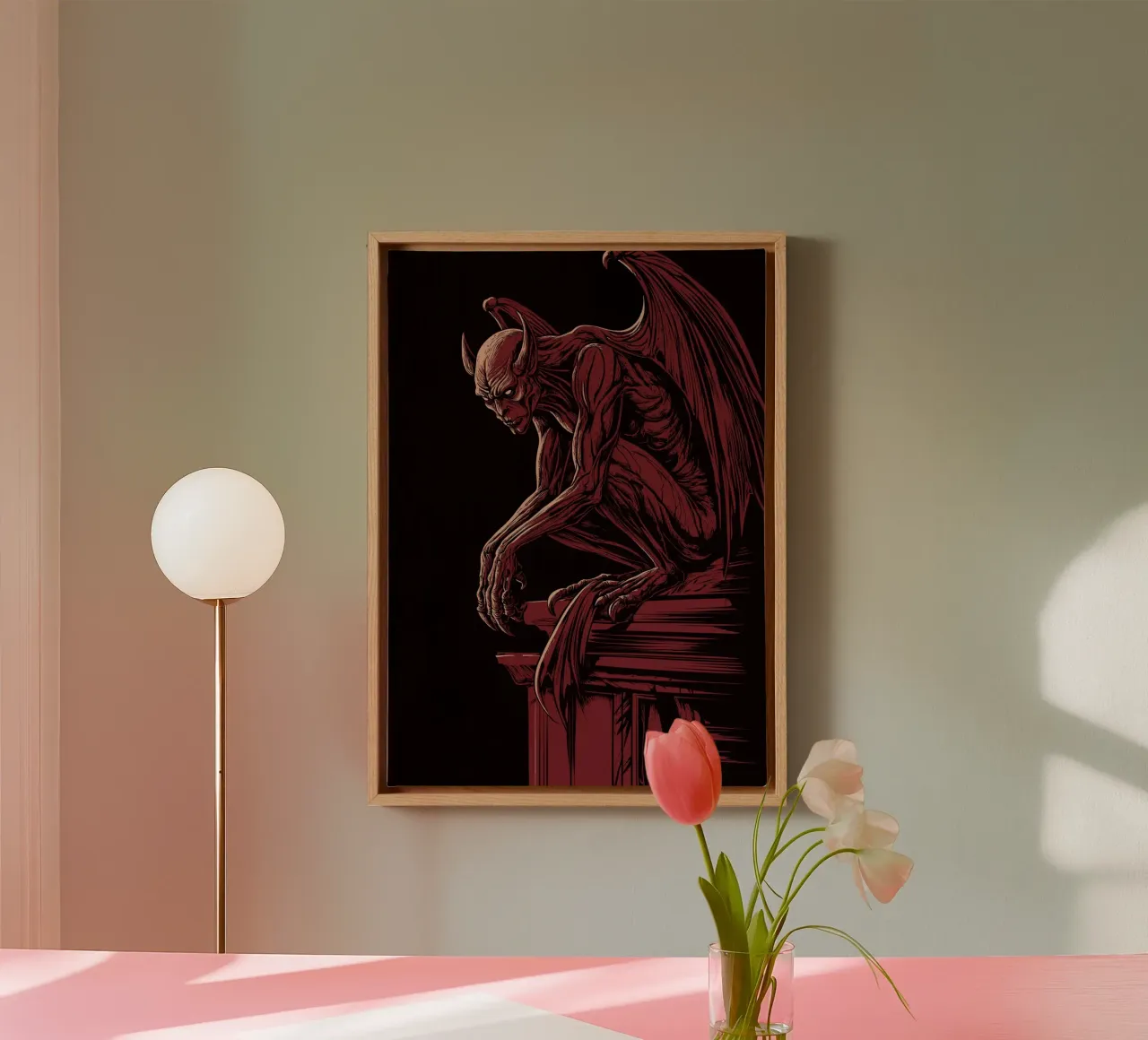 Gargoyle on a Gothic column canvas with Floater frame by pixelbull - medieval art and more
