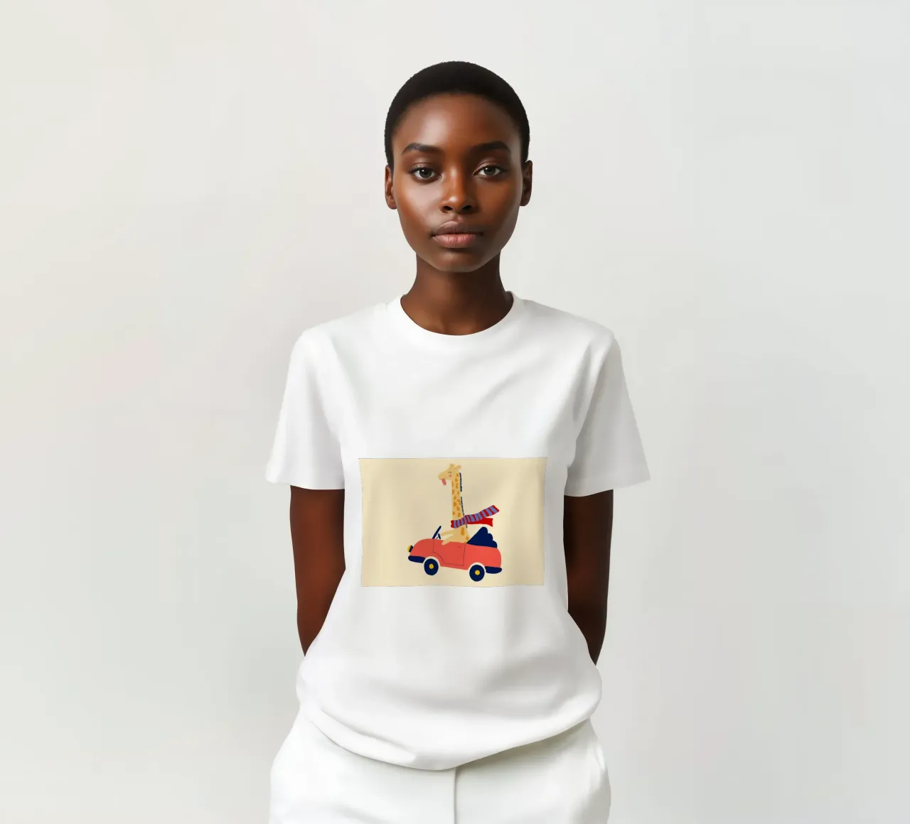 Simpatica giraffa in auto con sciarpa t-shirt da vintagepod