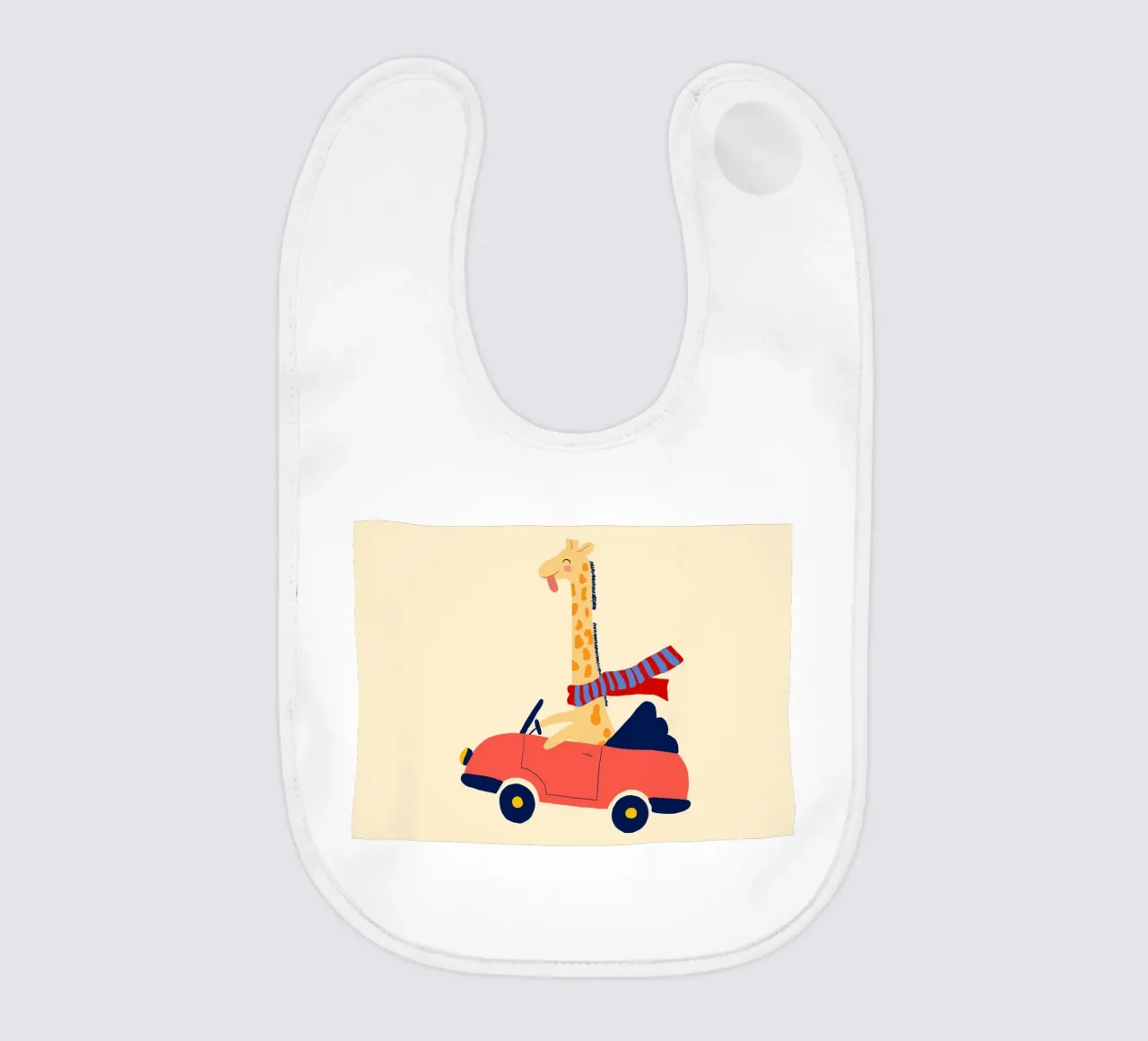 Simpatica giraffa in auto con sciarpa bavaglino da vintagepod