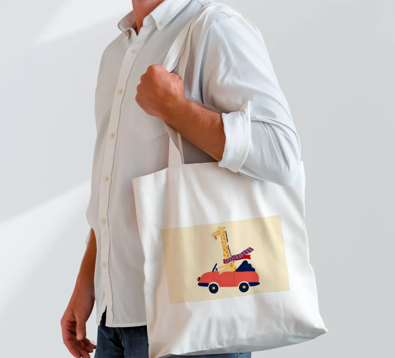 Simpatica giraffa in auto con sciarpa borsa in juta da vintagepod