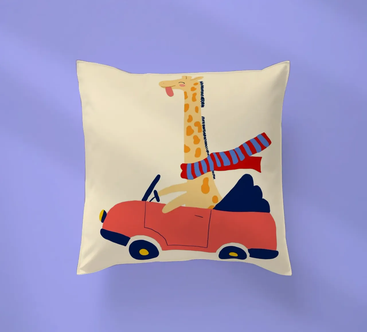 Simpatica giraffa in auto con sciarpa cuscino da vintagepod