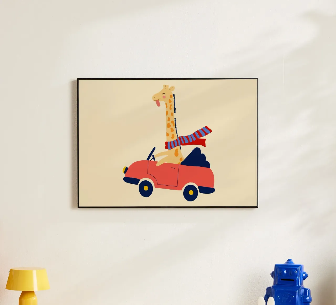 Simpatica giraffa in auto con sciarpa pannello forex da vintagepod
