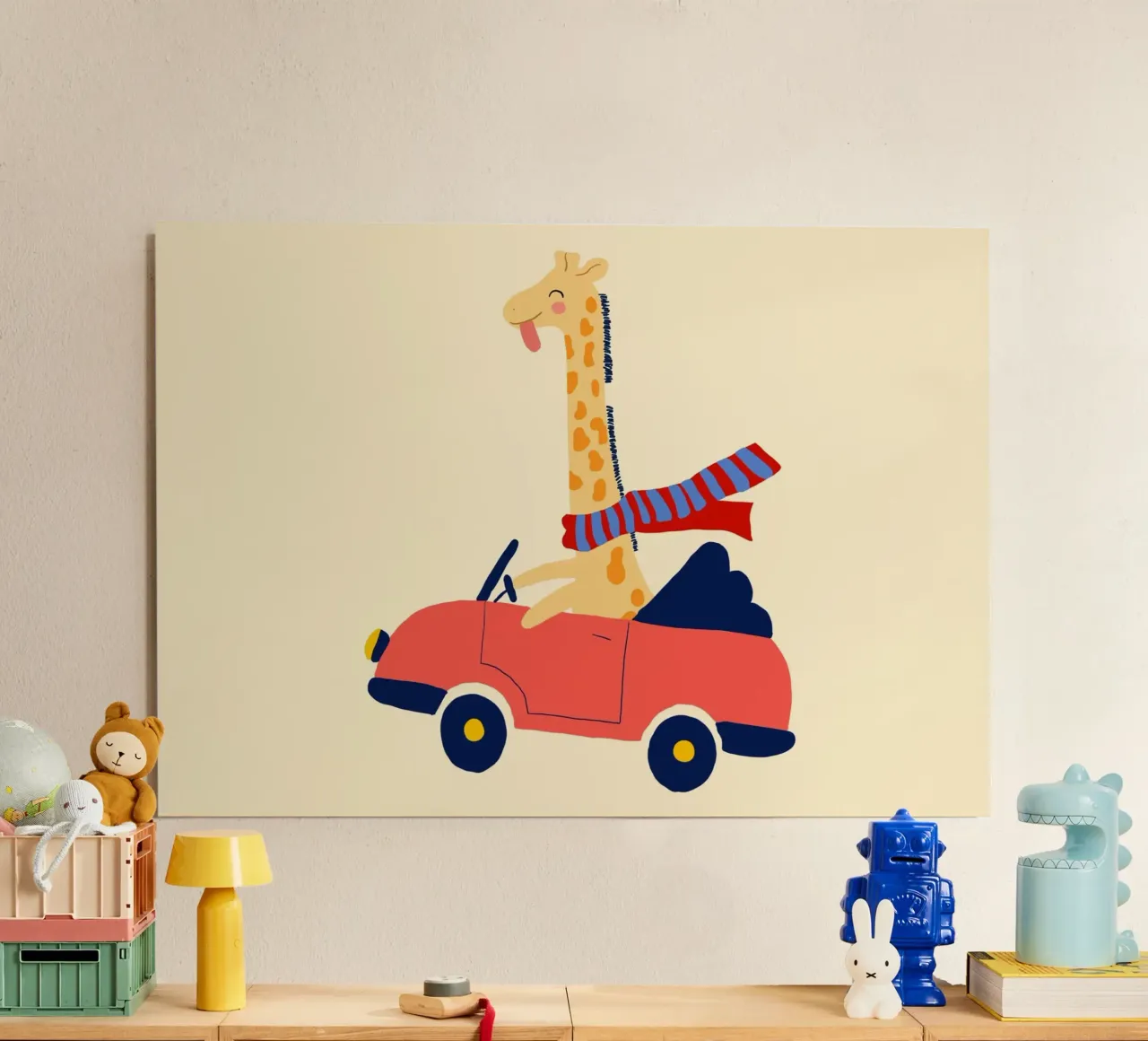 Simpatica giraffa in auto con sciarpa pannello forex da vintagepod