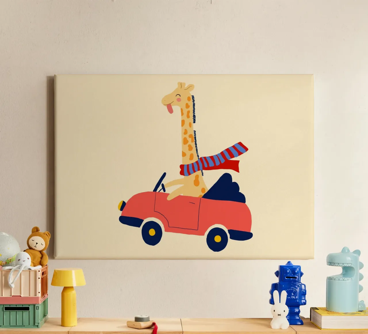 Simpatica giraffa in auto con sciarpa tela con Cornice a cassetta da vintagepod